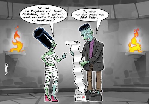 Cartoon: DNA Test (medium) by Chris Berger tagged frankenstein,monster,braut,dna,test,internet,my,heritage,ahnenforschung,frankenstein,monster,braut,dna,test,internet,my,heritage,ahnenforschung